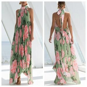 L’IDEE Olympia Pleated Halter Asymmetrical Gown